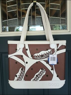 BOGG BAG Football Print Tote W/Clear Plastic Zip Pouch Size M Game Time Team Mom